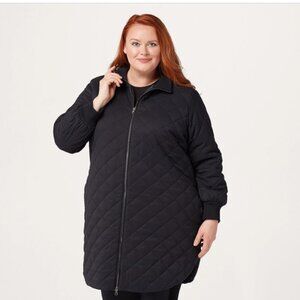 Denim & Co. Quilted Long Coat with Rib Trim BLACK new